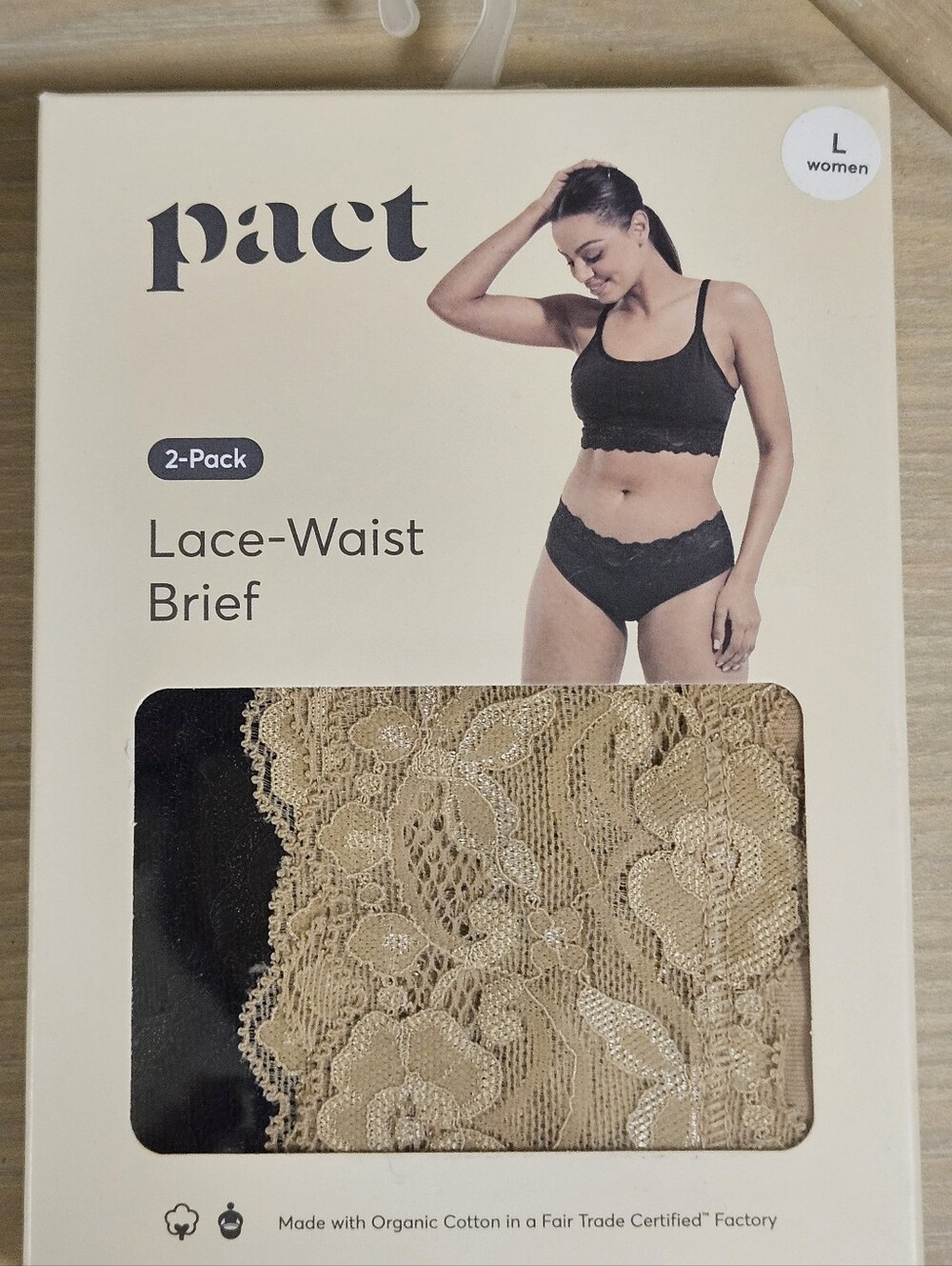 2 Pack Pact Women's Organic Cotton Lace Waist Brief LARGE Black/Pedal Patch NIB - Picture 3 of 5